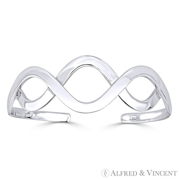 Overlapping Wave Adjustable Open Cuff Bangle Solid .925 Sterling Silver Bracelet - Picture 1 of 1